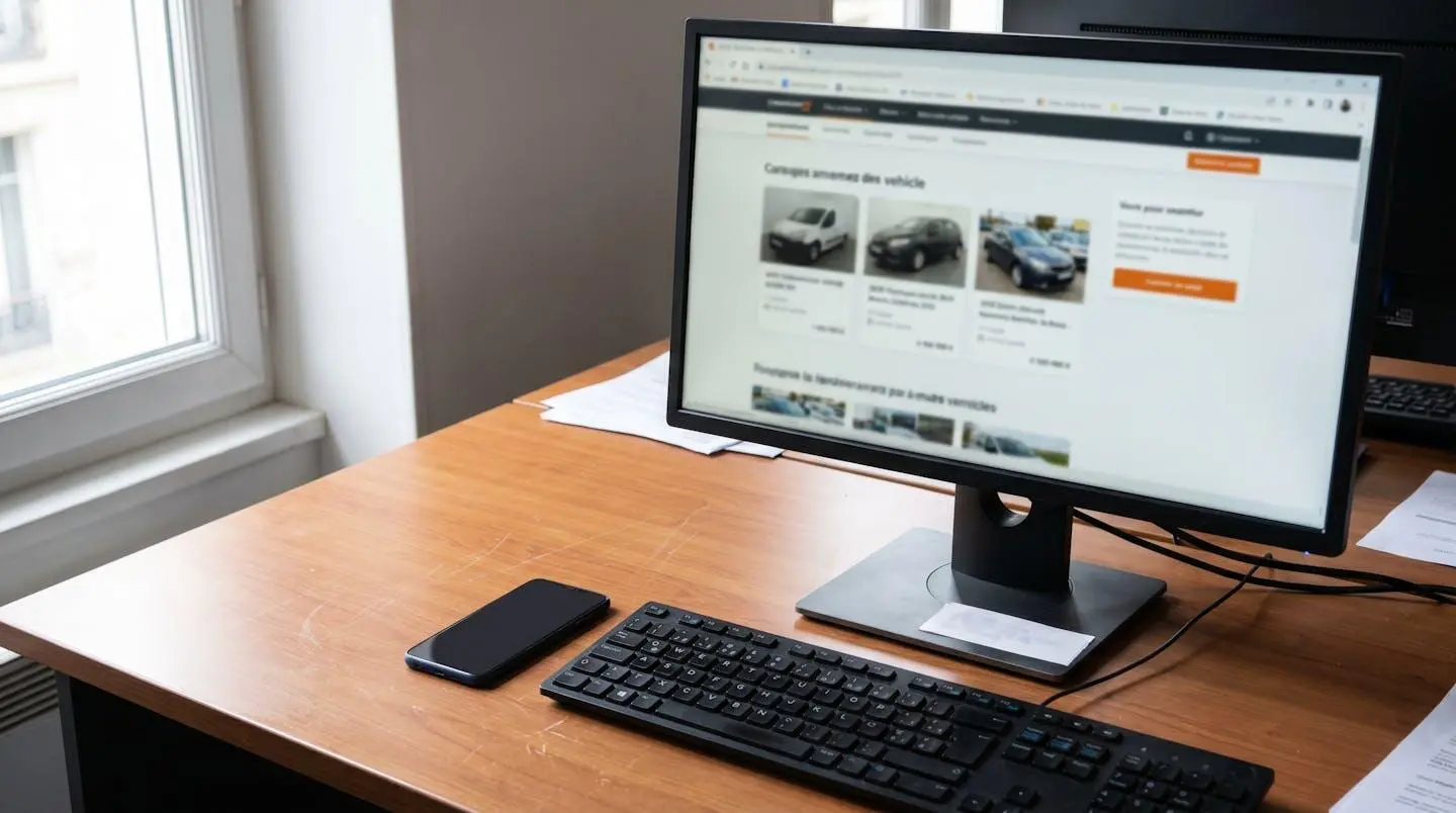 Poste de travail avec écran d'ordinateur affichant interface de recherche automobile en ligne
