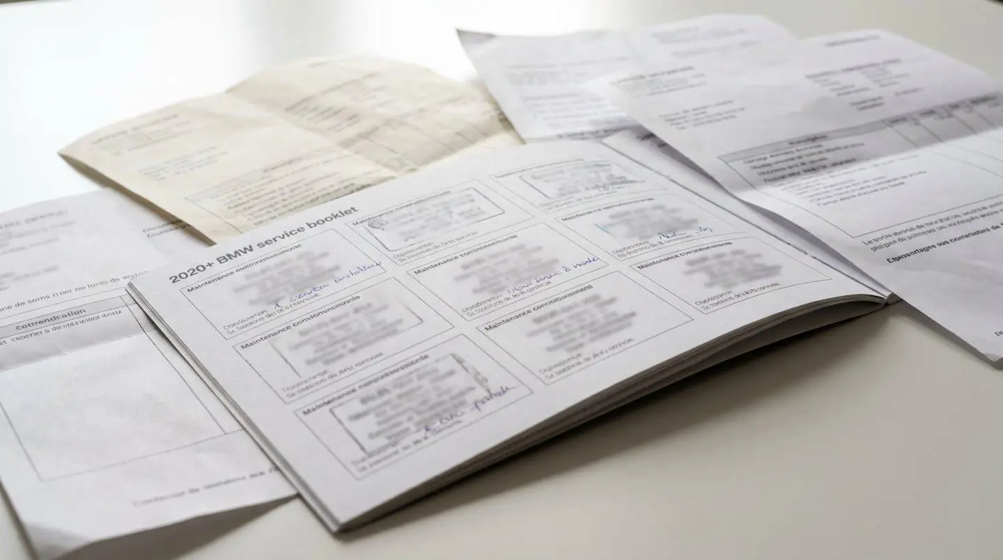 Carnet d'entretien BMW ouvert sur la page des révisions entouré de factures de garage étalées sur un bureau contemporain épuré