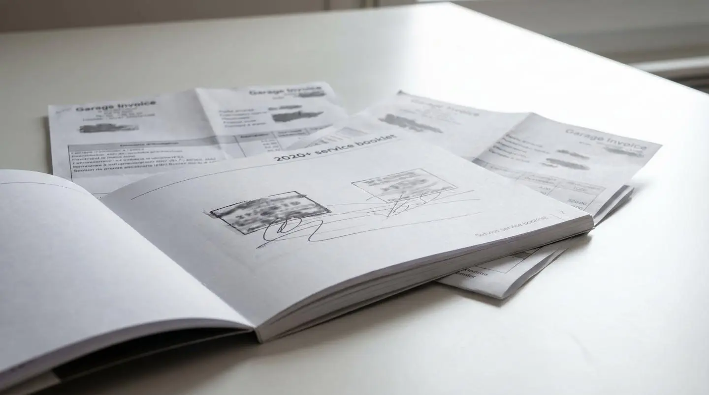 Carnet d'entretien BMW ouvert sur la page des révisions entouré de factures de garage étalées sur un bureau contemporain épuré