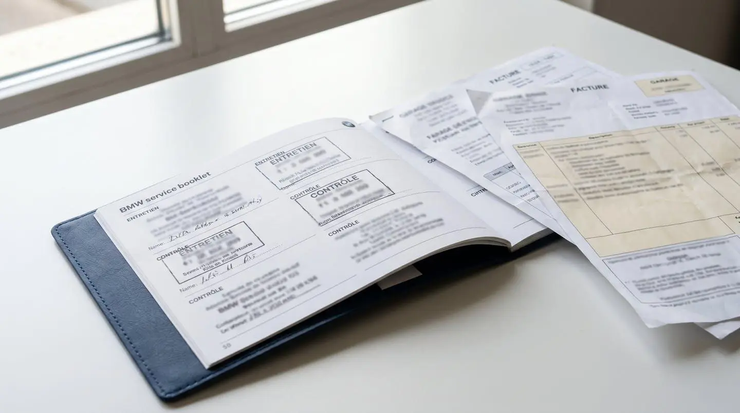 Carnet d'entretien BMW ouvert sur la page des révisions entouré de factures de garage étalées sur un bureau contemporain épuré