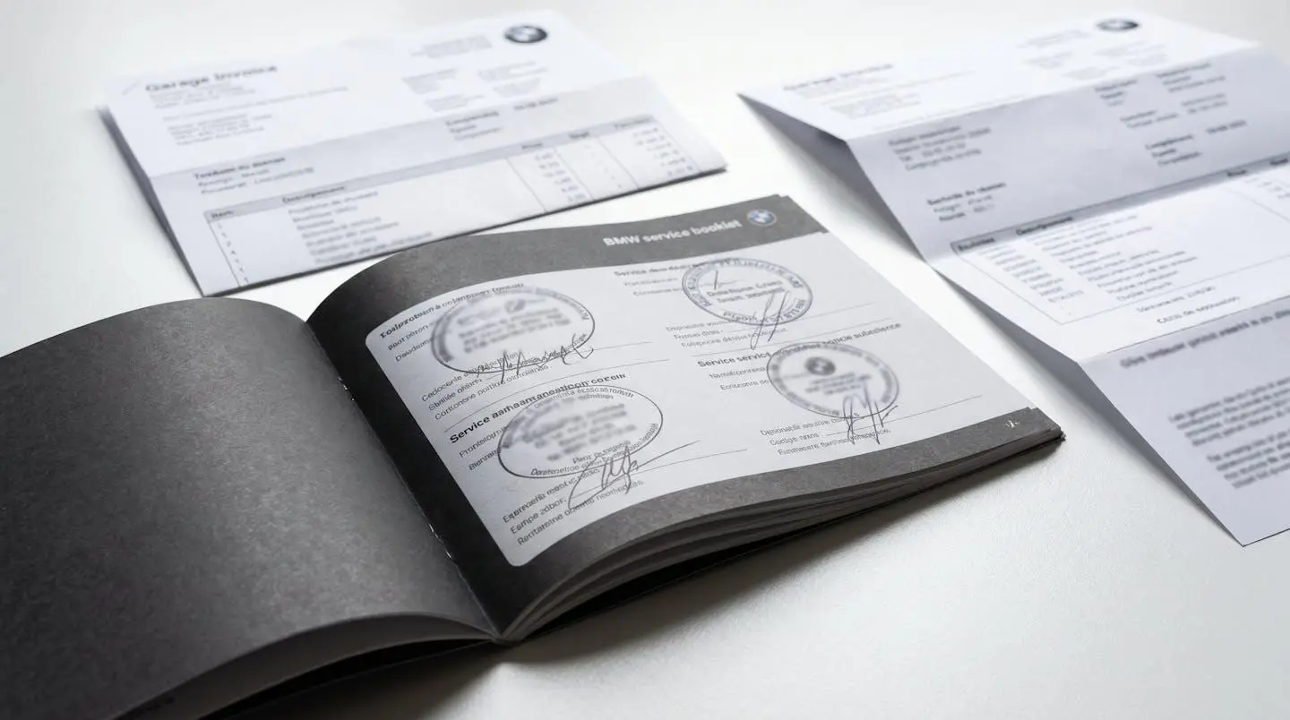 Carnet d'entretien BMW ouvert sur la page des révisions entouré de factures de garage étalées sur un bureau contemporain épuré