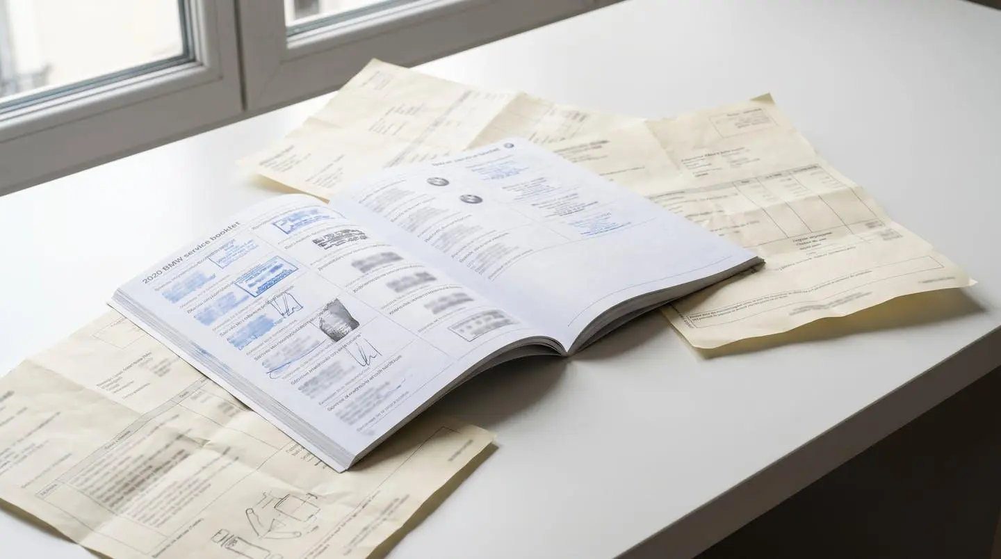 Carnet d'entretien BMW ouvert sur la page des révisions entouré de factures de garage étalées sur un bureau contemporain épuré