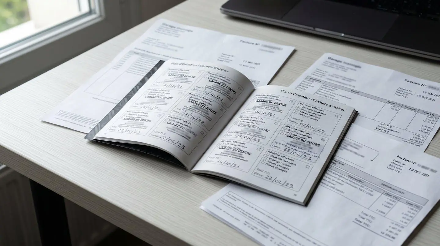 Carnet d'entretien BMW ouvert sur la page des révisions entouré de factures de garage étalées sur un bureau contemporain épuré
