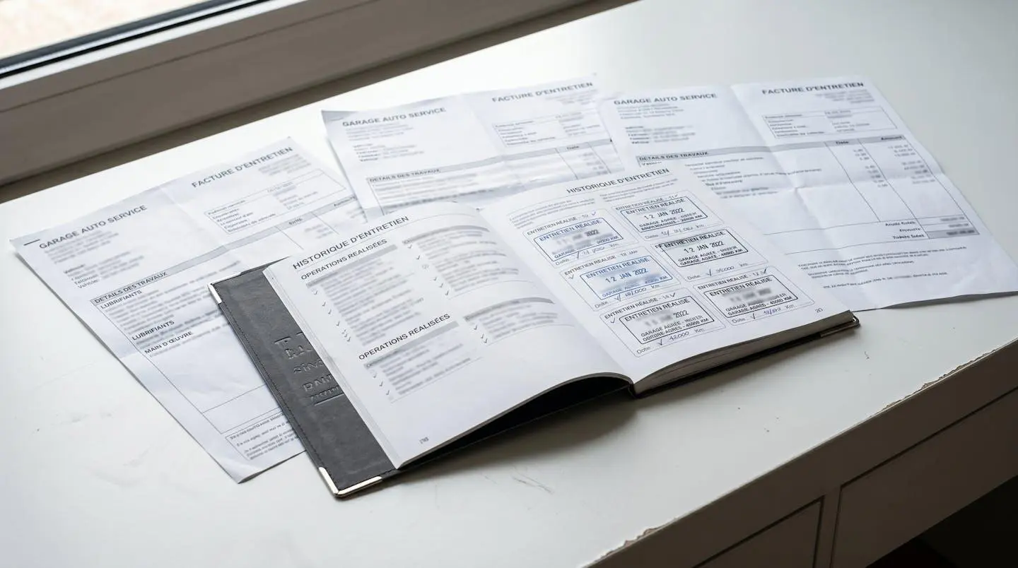Carnet d'entretien BMW ouvert sur la page des révisions entouré de factures de garage étalées sur un bureau contemporain épuré