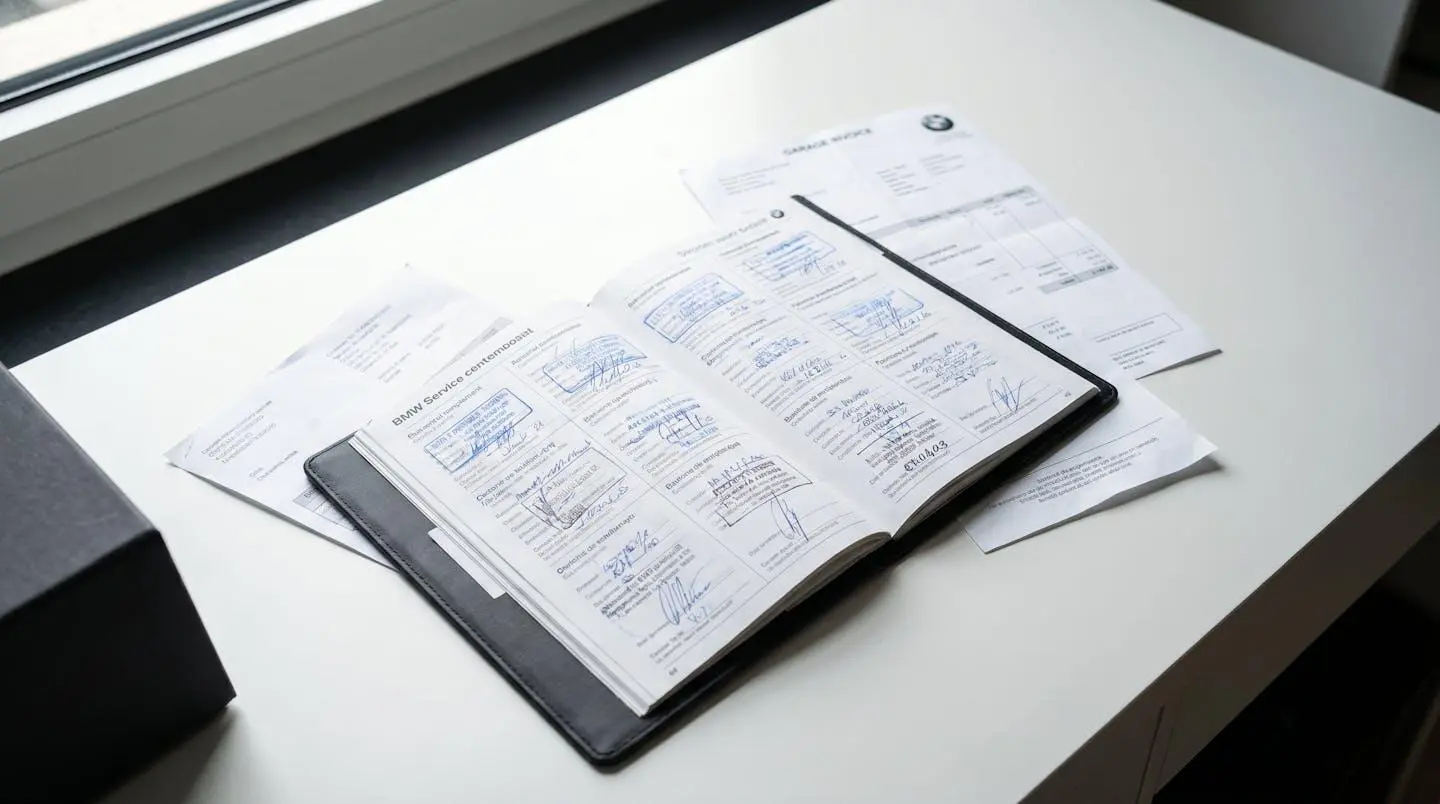 Carnet d'entretien BMW ouvert sur la page des révisions entouré de factures de garage étalées sur un bureau contemporain épuré