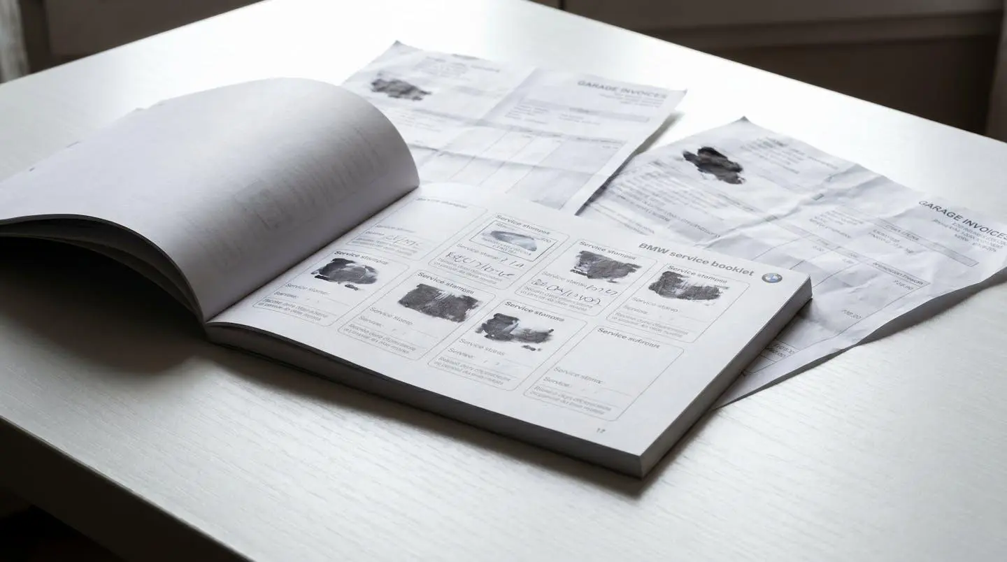 Carnet d'entretien BMW ouvert sur la page des révisions entouré de factures de garage étalées sur un bureau contemporain épuré