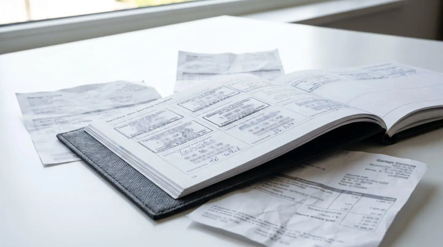 Carnet d'entretien BMW ouvert sur la page des révisions entouré de factures de garage étalées sur un bureau contemporain épuré