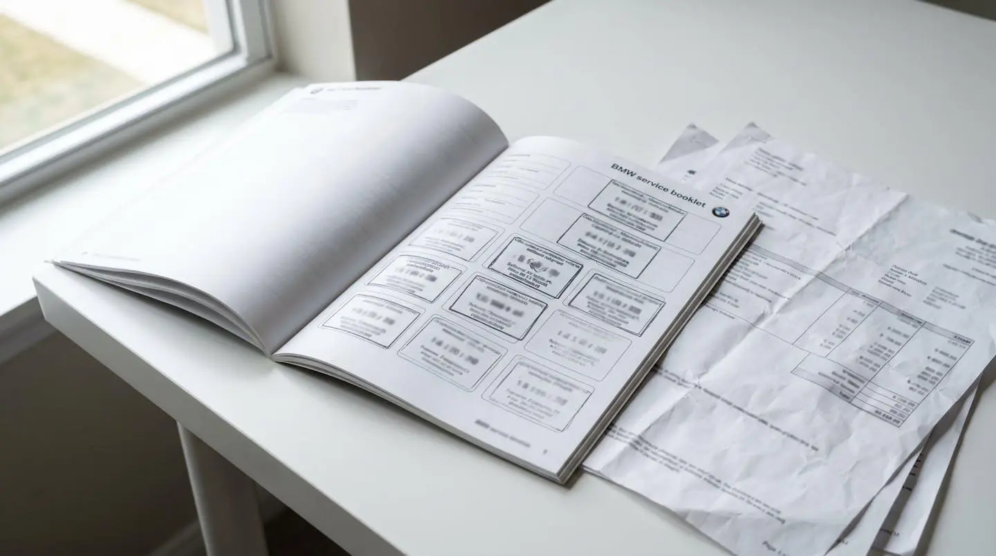 Carnet d'entretien BMW ouvert sur la page des révisions entouré de factures de garage étalées sur un bureau contemporain épuré