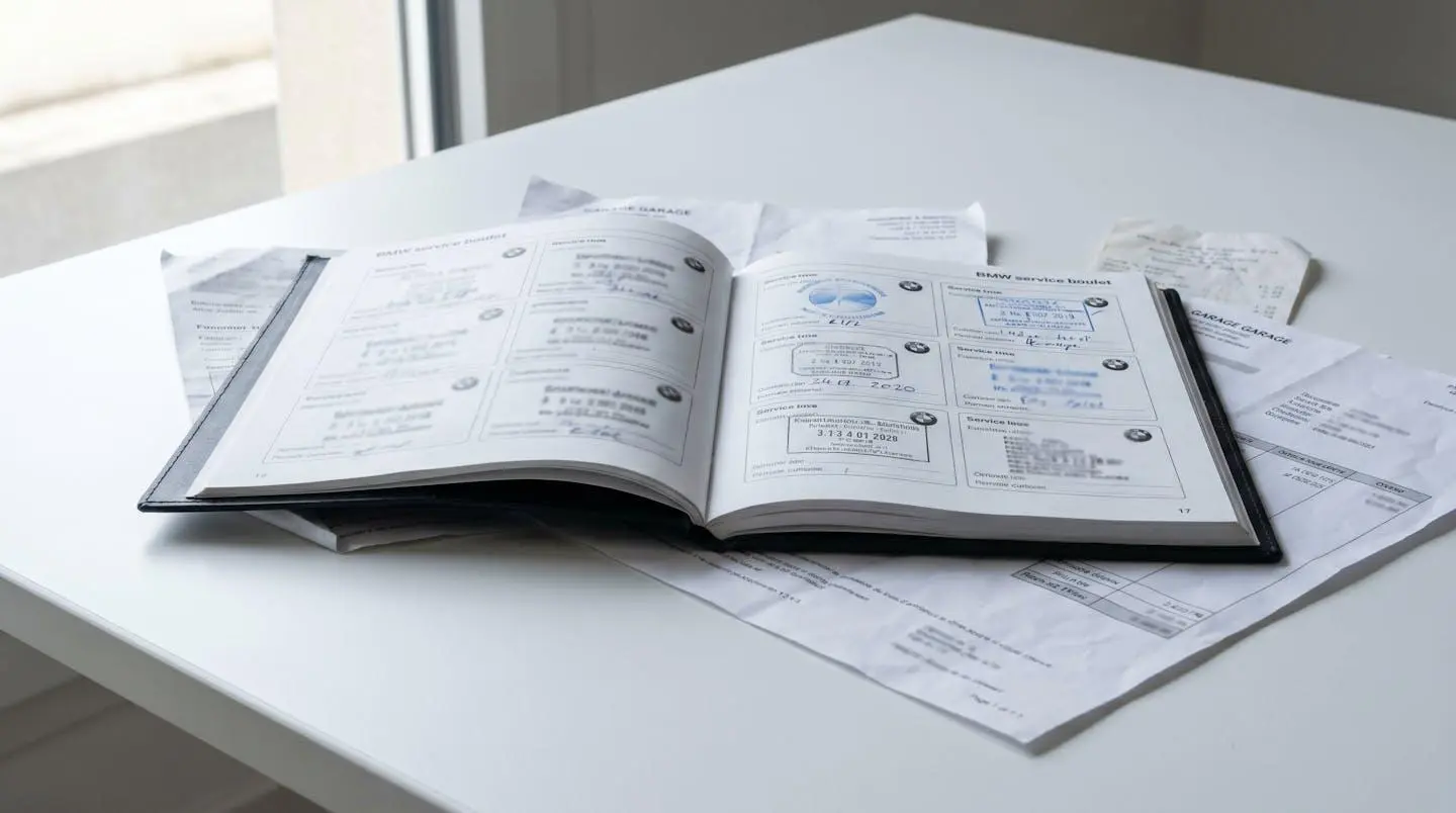 Carnet d'entretien BMW ouvert sur la page des révisions entouré de factures de garage étalées sur un bureau contemporain épuré
