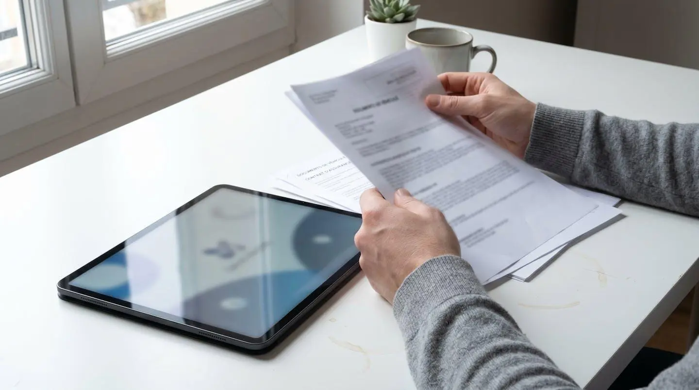 Vue rapprochée de mains consultant des documents automobiles sur une tablette moderne posée sur une table contemporaine épurée