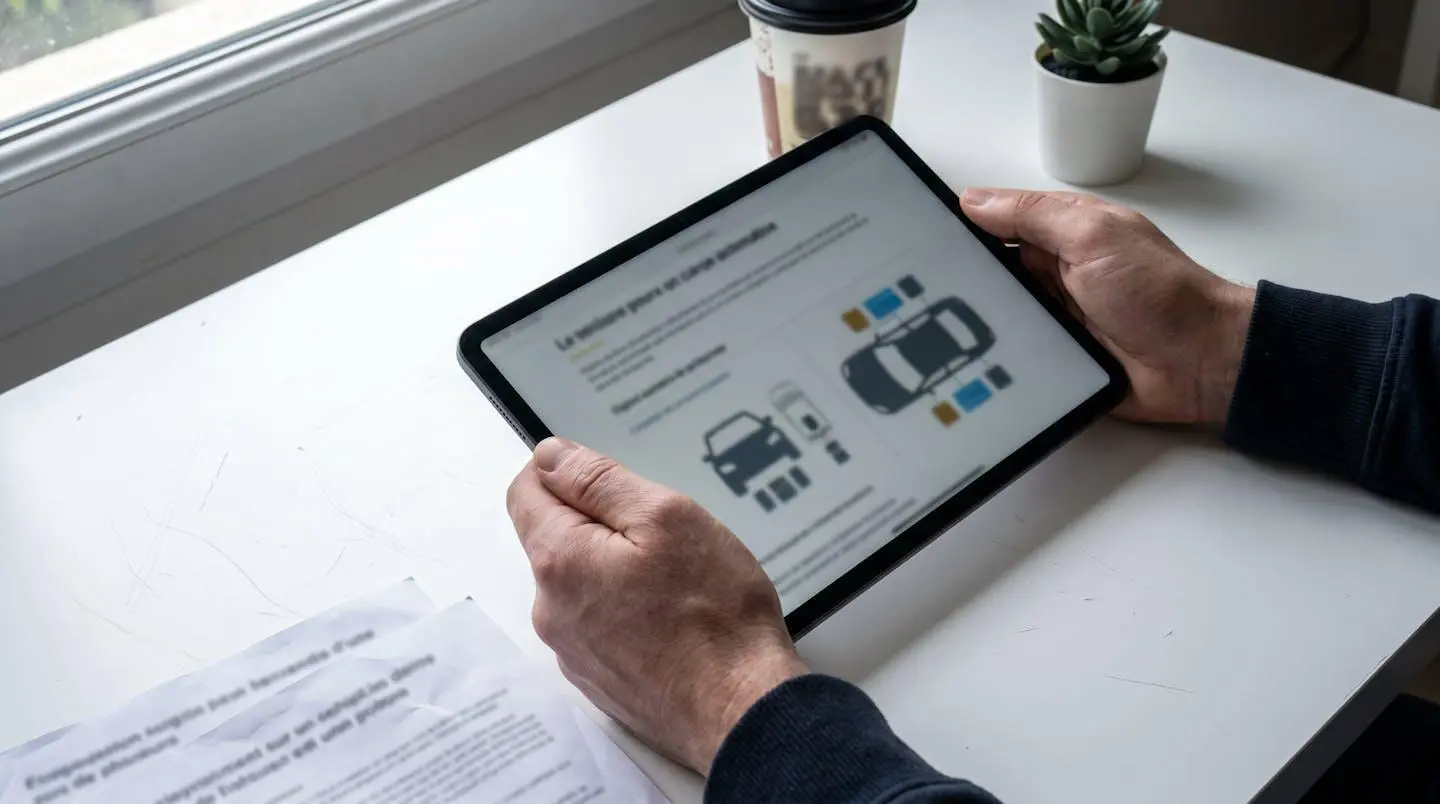 Vue rapprochée de mains consultant des documents automobiles sur une tablette moderne posée sur une table contemporaine épurée