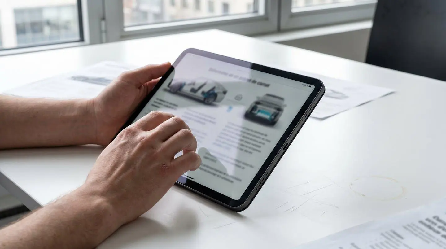 Vue rapprochée de mains consultant des documents automobiles sur une tablette moderne posée sur une table contemporaine épurée