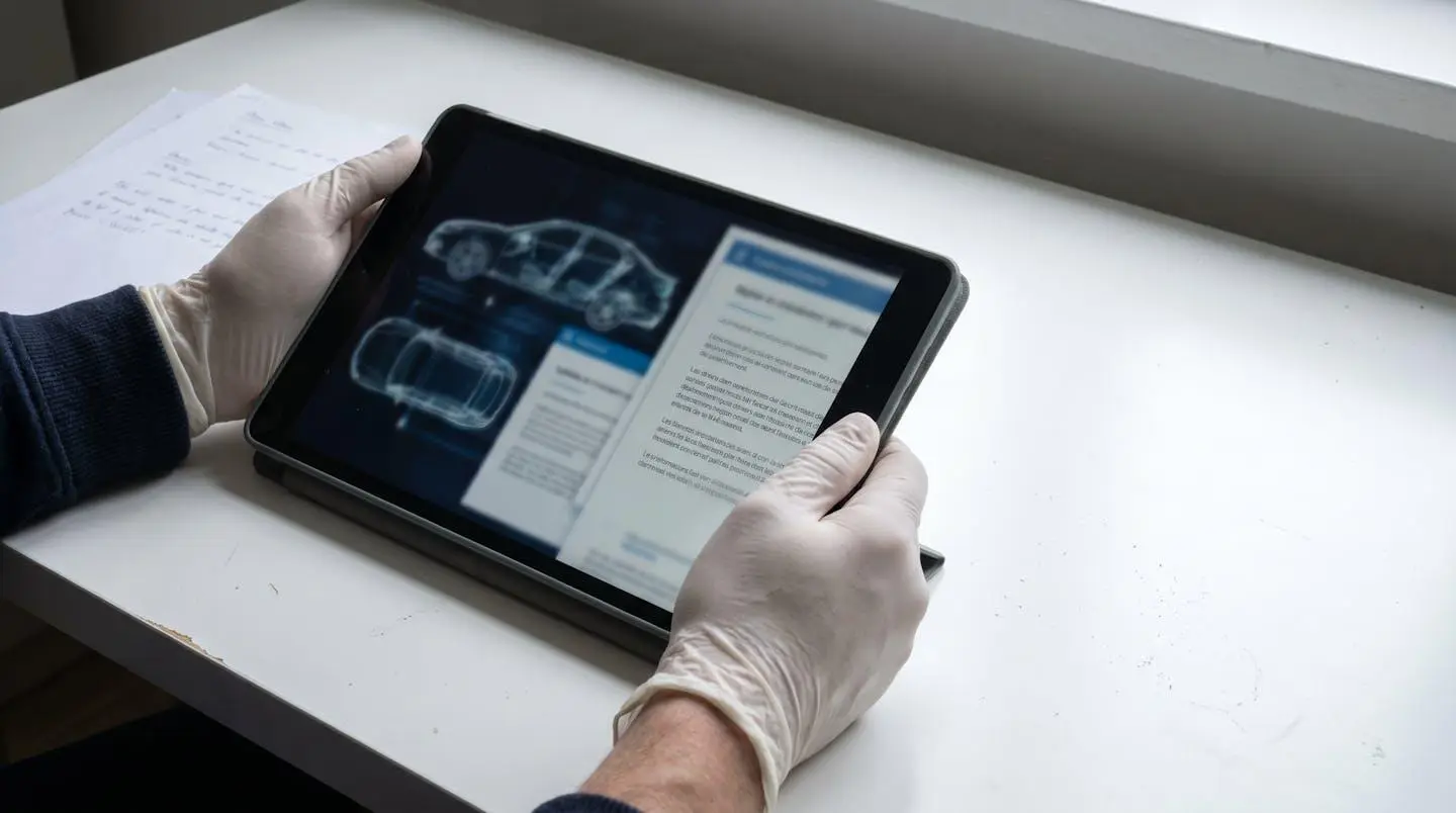 Vue rapprochée de mains consultant des documents automobiles sur une tablette moderne posée sur une table contemporaine épurée