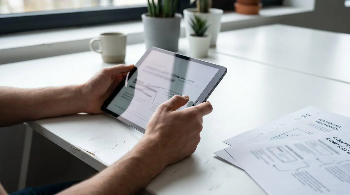 Vue rapprochée de mains consultant des documents automobiles sur une tablette moderne posée sur une table contemporaine épurée