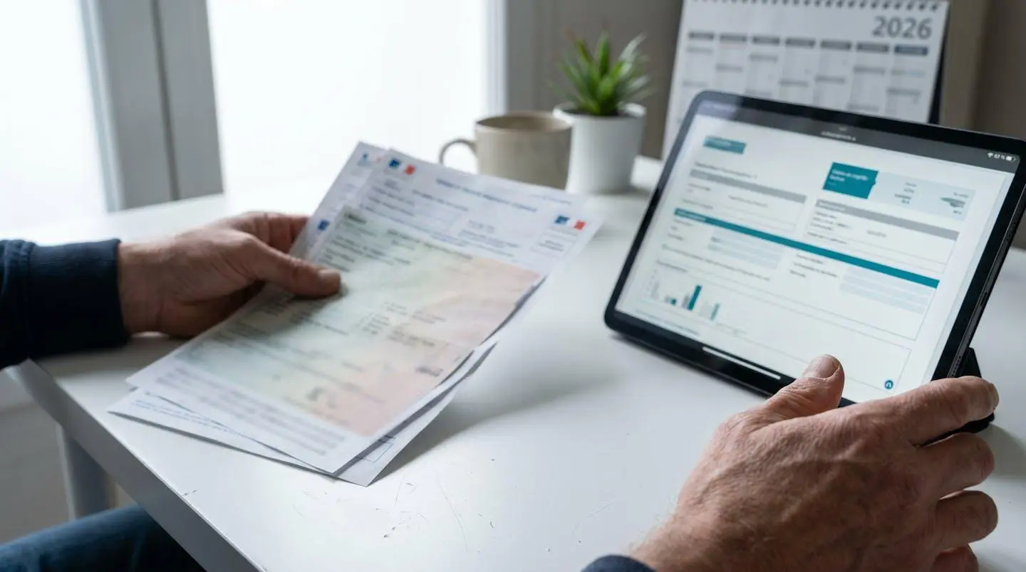 Vue rapprochée de mains consultant des documents automobiles sur une tablette moderne posée sur une table contemporaine épurée