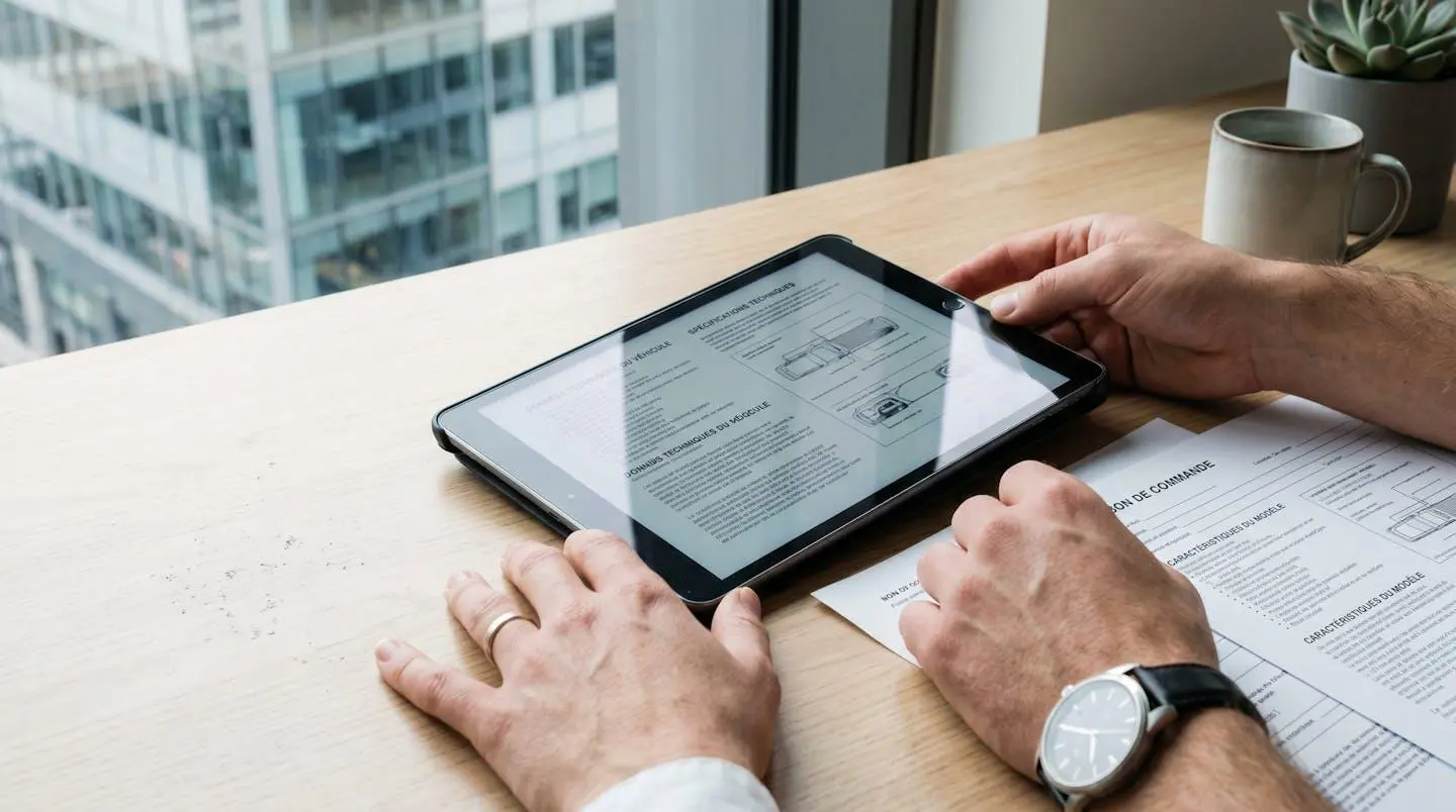 Vue rapprochée de mains consultant des documents automobiles sur une tablette moderne posée sur une table contemporaine épurée