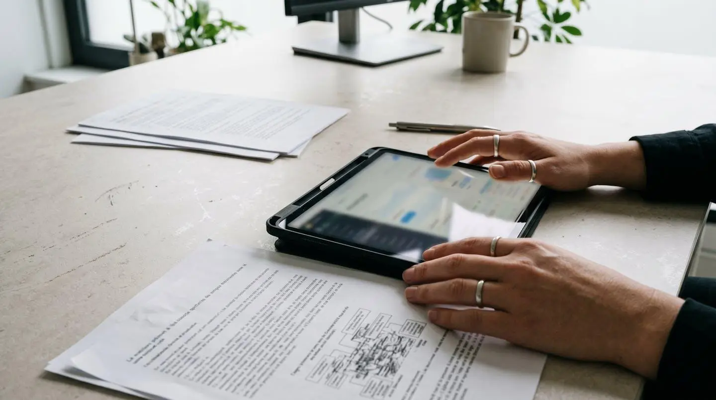 Vue rapprochée de mains consultant des documents automobiles sur une tablette moderne posée sur une table contemporaine épurée