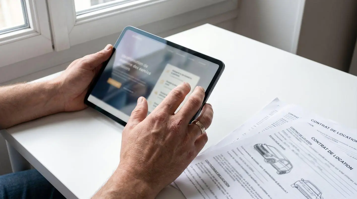 Vue rapprochée de mains consultant des documents automobiles sur une tablette moderne posée sur une table contemporaine épurée