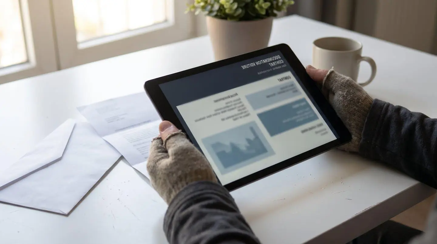 Vue rapprochée de mains consultant des documents automobiles sur une tablette moderne posée sur une table contemporaine épurée