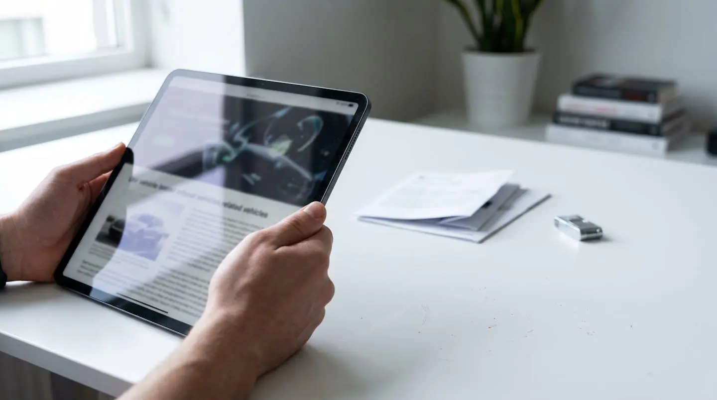 Vue rapprochée de mains consultant des documents automobiles sur une tablette moderne posée sur une table contemporaine épurée