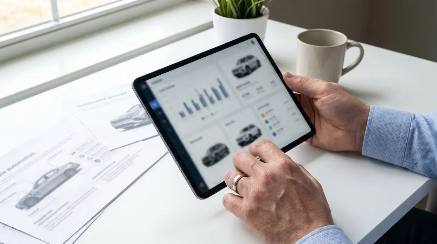 Vue rapprochée de mains consultant des documents automobiles sur une tablette moderne posée sur une table contemporaine épurée