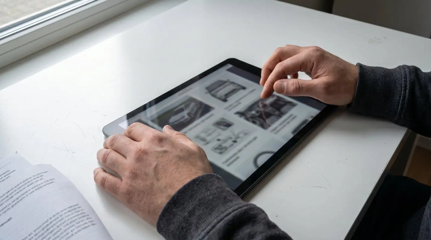 Vue rapprochée de mains consultant des documents automobiles sur une tablette moderne posée sur une table contemporaine épurée