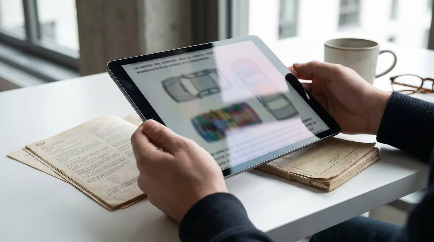 Vue rapprochée de mains consultant des documents automobiles sur une tablette moderne posée sur une table contemporaine épurée