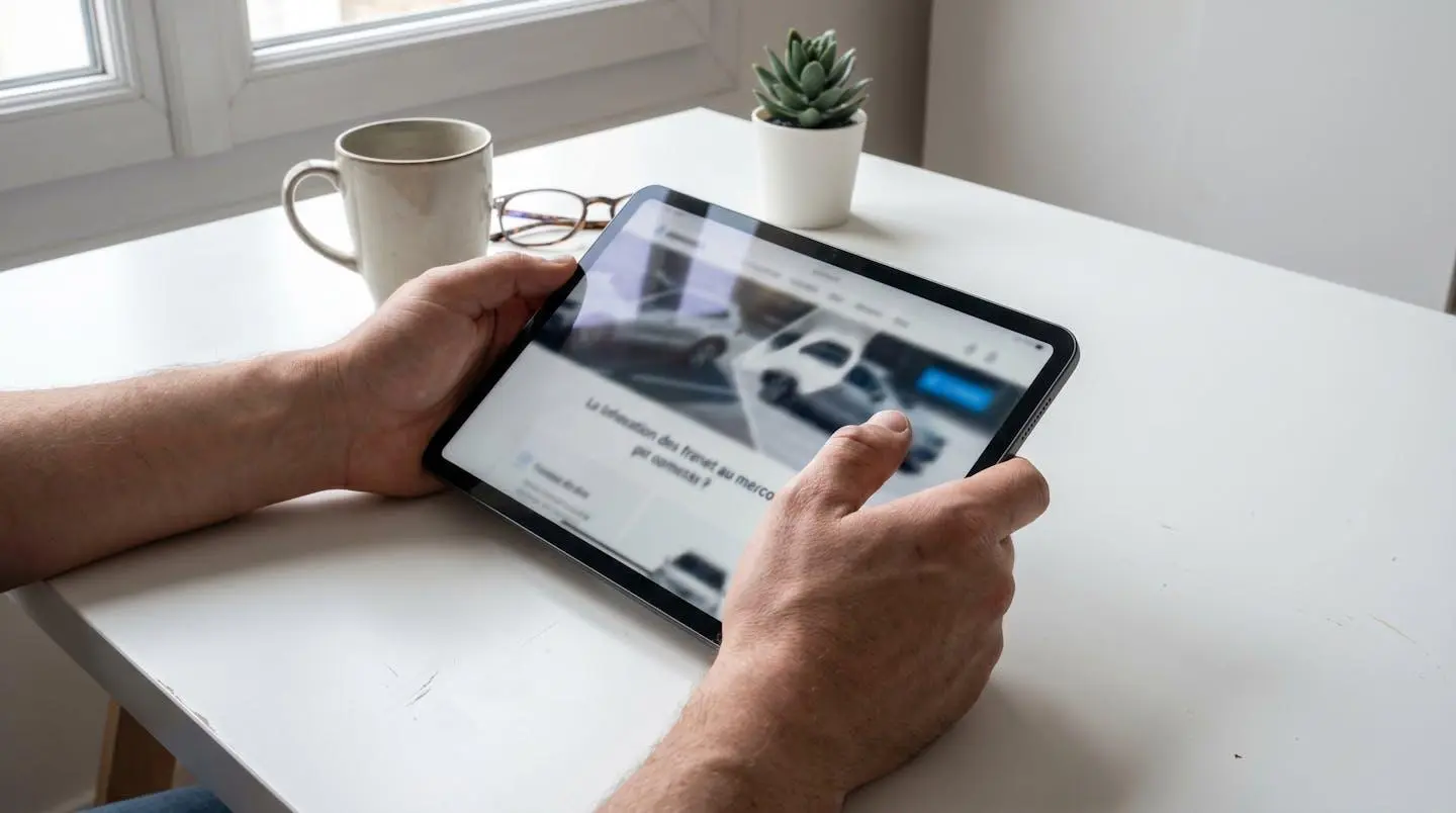 Vue rapprochée de mains consultant des documents automobiles sur une tablette moderne posée sur une table contemporaine épurée