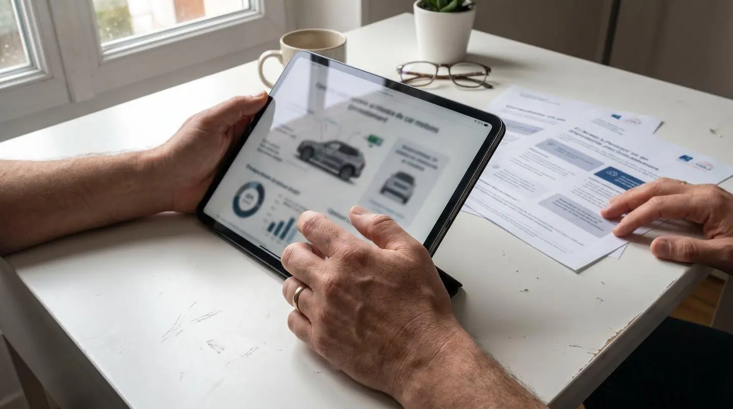 Vue rapprochée de mains consultant des documents automobiles sur une tablette moderne posée sur une table contemporaine épurée