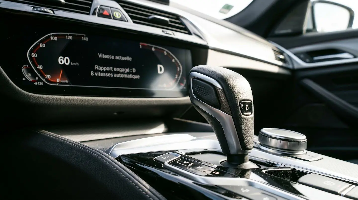 Gros plan du levier de sélection de boîte automatique BMW en position Drive avec affichage numérique 8 rapports visible sur tableau de bord moderne