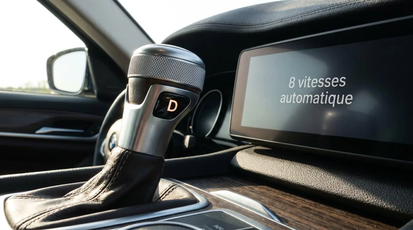 Gros plan du levier de sélection de boîte automatique BMW en position Drive avec affichage numérique 8 rapports visible sur tableau de bord moderne