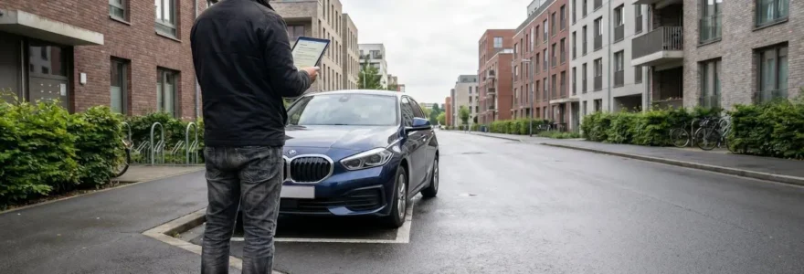 Personne de dos consultant une tablette numérique devant une BMW Série 1 compacte récente garée dans une rue résidentielle européenne contemporaine