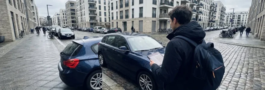 Personne de dos consultant une tablette numérique devant une BMW Série 1 compacte récente garée dans une rue résidentielle européenne contemporaine