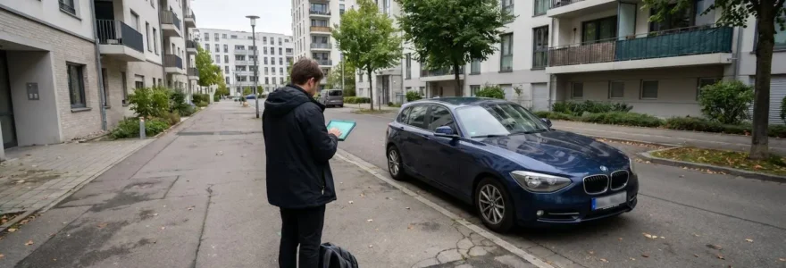 Personne de dos consultant une tablette numérique devant une BMW Série 1 compacte récente garée dans une rue résidentielle européenne contemporaine