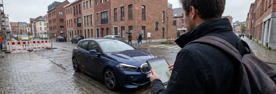 Personne de dos consultant une tablette numérique devant une BMW Série 1 compacte récente garée dans une rue résidentielle européenne contemporaine