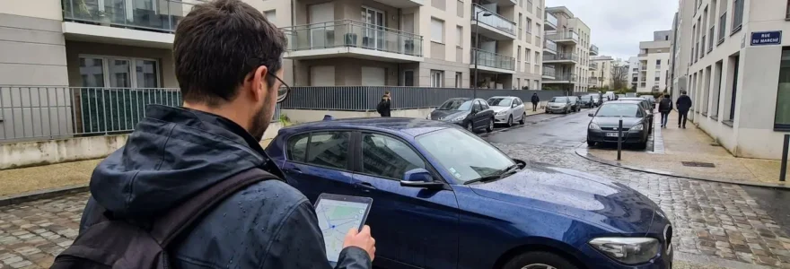 Personne de dos consultant une tablette numérique devant une BMW Série 1 compacte récente garée dans une rue résidentielle européenne contemporaine