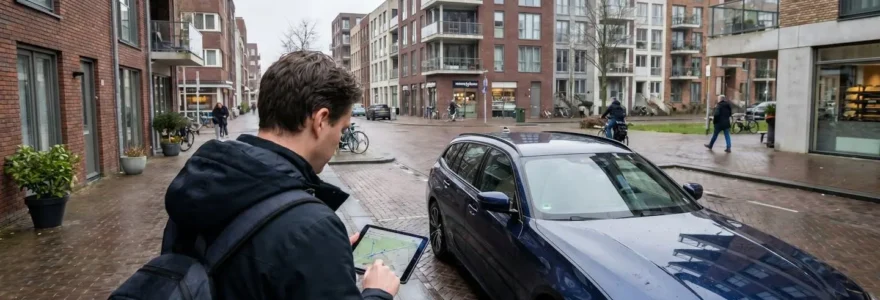 Personne de dos consultant une tablette numérique devant une BMW Série 1 compacte récente garée dans une rue résidentielle européenne contemporaine
