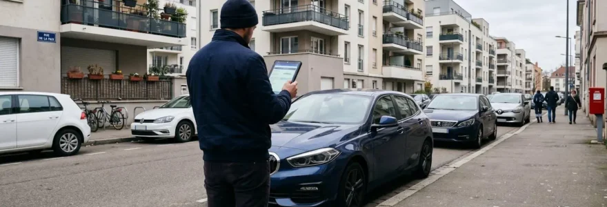 Personne de dos consultant une tablette numérique devant une BMW Série 1 compacte récente garée dans une rue résidentielle européenne contemporaine