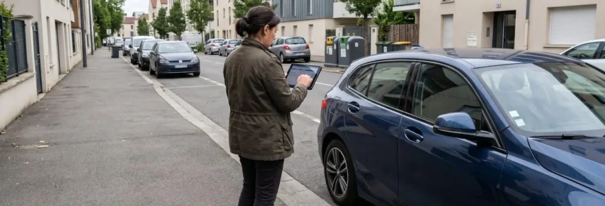 Personne de dos consultant une tablette numérique devant une BMW Série 1 compacte récente garée dans une rue résidentielle européenne contemporaine