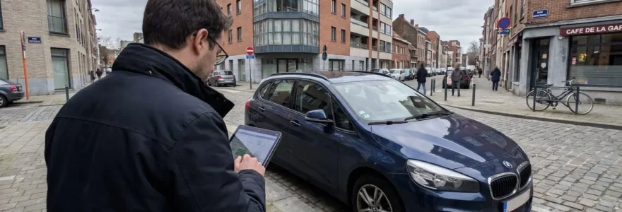 Personne de dos consultant une tablette numérique devant une BMW Série 1 compacte récente garée dans une rue résidentielle européenne contemporaine