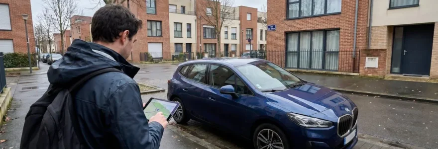 Personne de dos consultant une tablette numérique devant une BMW Série 1 compacte récente garée dans une rue résidentielle européenne contemporaine