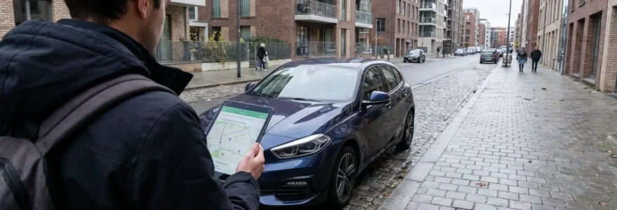 Personne de dos consultant une tablette numérique devant une BMW Série 1 compacte récente garée dans une rue résidentielle européenne contemporaine
