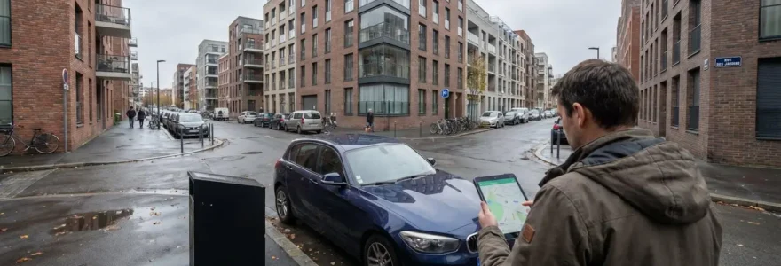 Personne de dos consultant une tablette numérique devant une BMW Série 1 compacte récente garée dans une rue résidentielle européenne contemporaine