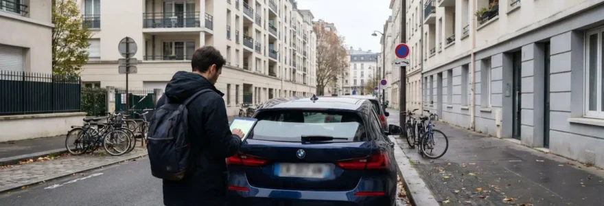Personne de dos consultant une tablette numérique devant une BMW Série 1 compacte récente garée dans une rue résidentielle européenne contemporaine