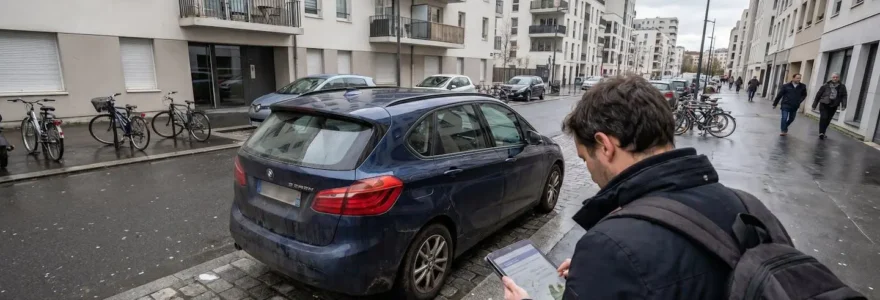 Personne de dos consultant une tablette numérique devant une BMW Série 1 compacte récente garée dans une rue résidentielle européenne contemporaine
