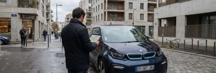 Personne de dos consultant une tablette numérique devant une BMW Série 1 compacte récente garée dans une rue résidentielle européenne contemporaine