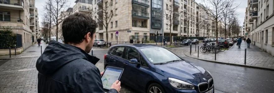 Personne de dos consultant une tablette numérique devant une BMW Série 1 compacte récente garée dans une rue résidentielle européenne contemporaine
