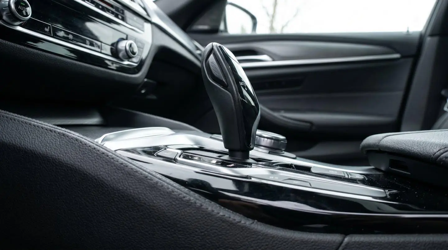 Gros plan du sélecteur de vitesses automatique d'une BMW récente avec finition cuir