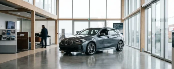 Intérieur de concession automobile moderne avec BMW Série 1 récente exposée sous lumière naturelle