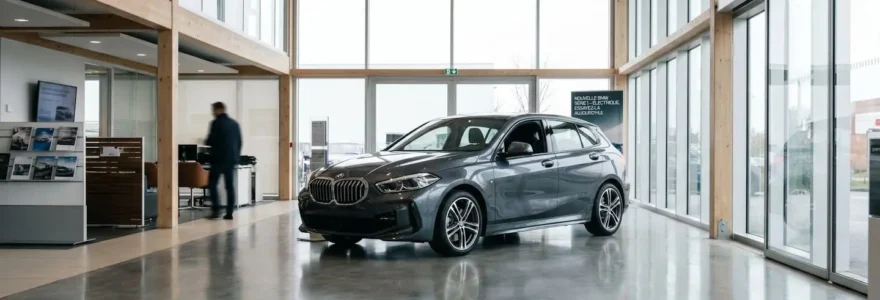 Intérieur de concession automobile moderne avec BMW Série 1 récente exposée sous lumière naturelle